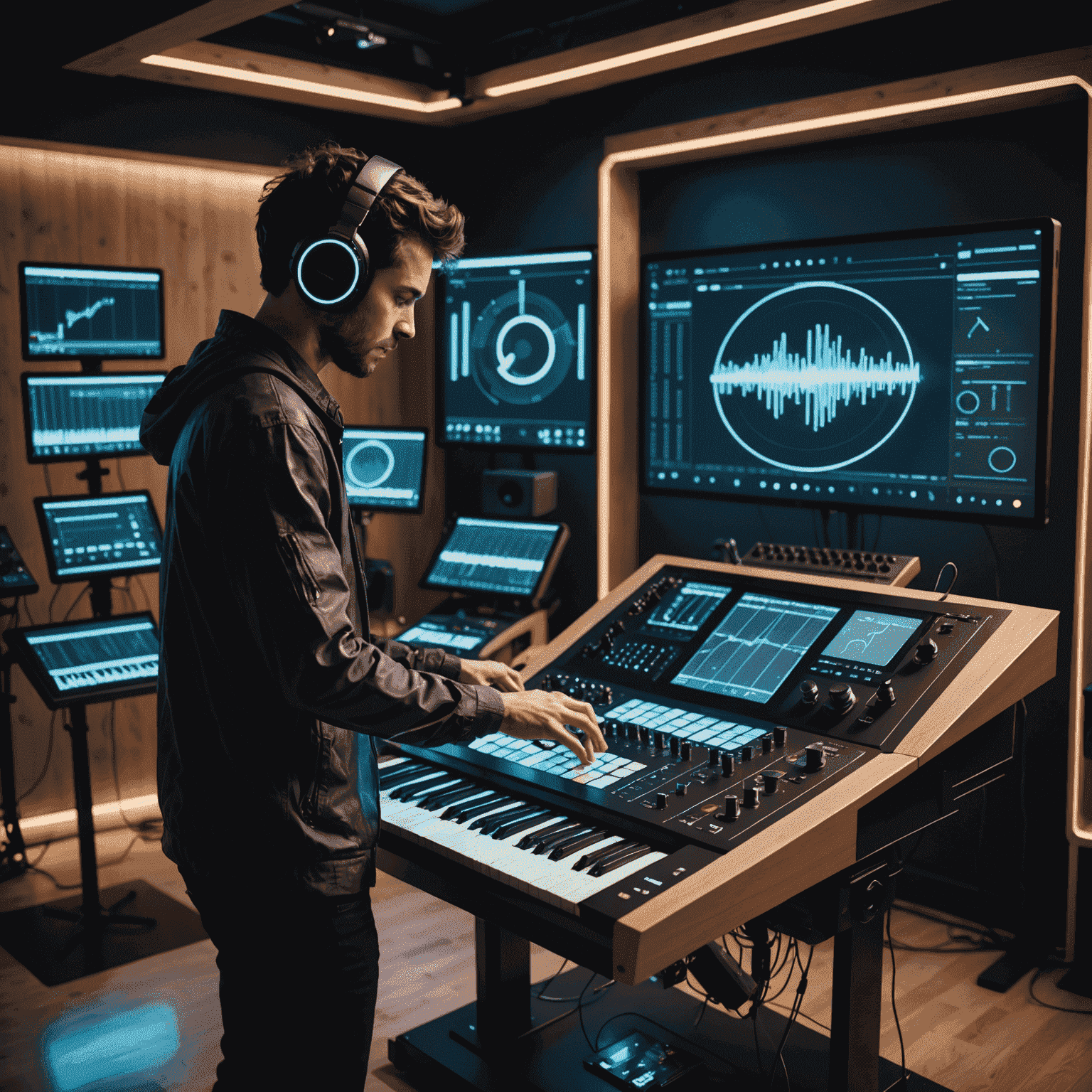 A futuristic music studio setup with various touchscreen controllers, gesture recognition systems, and holographic interfaces. The image showcases a musician interacting with these cutting-edge technologies to create and manipulate sound.