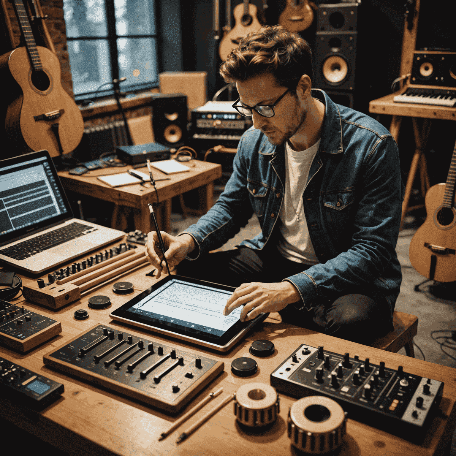 A musician using a tablet to produce music in a studio setting, surrounded by traditional instruments and modern technology