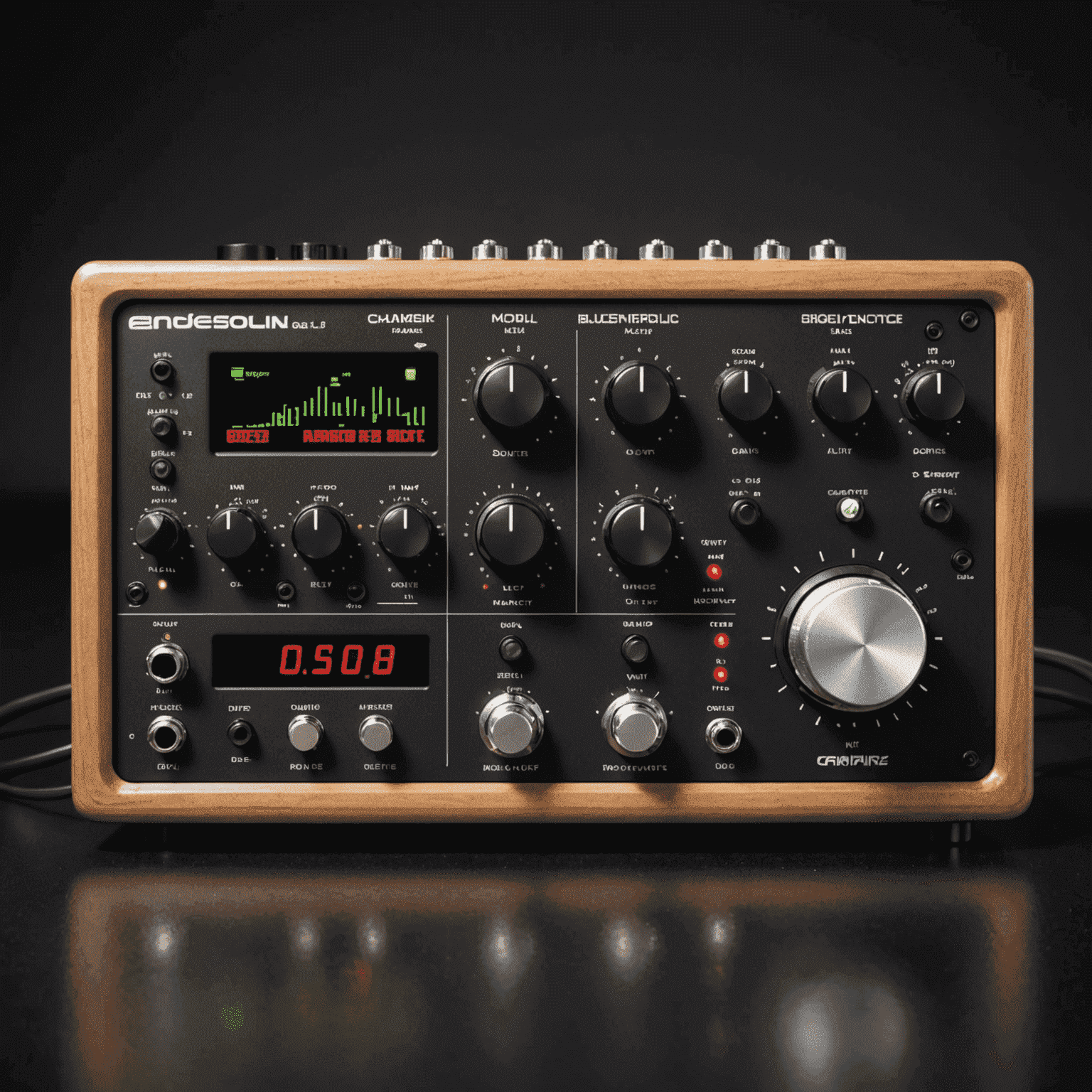 A professional audio interface with multiple inputs and outputs, knobs for gain control, and LED meters for signal monitoring