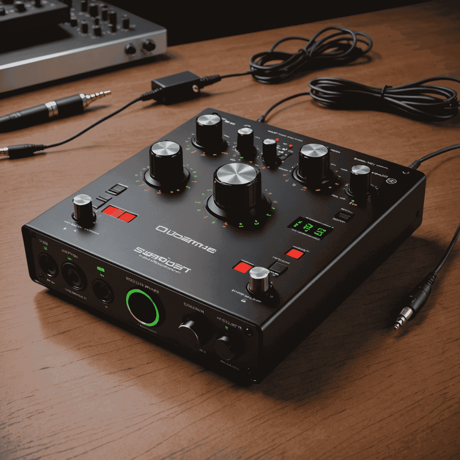 A high-end professional audio interface with multiple inputs and outputs, featuring sleek black design with red LED indicators