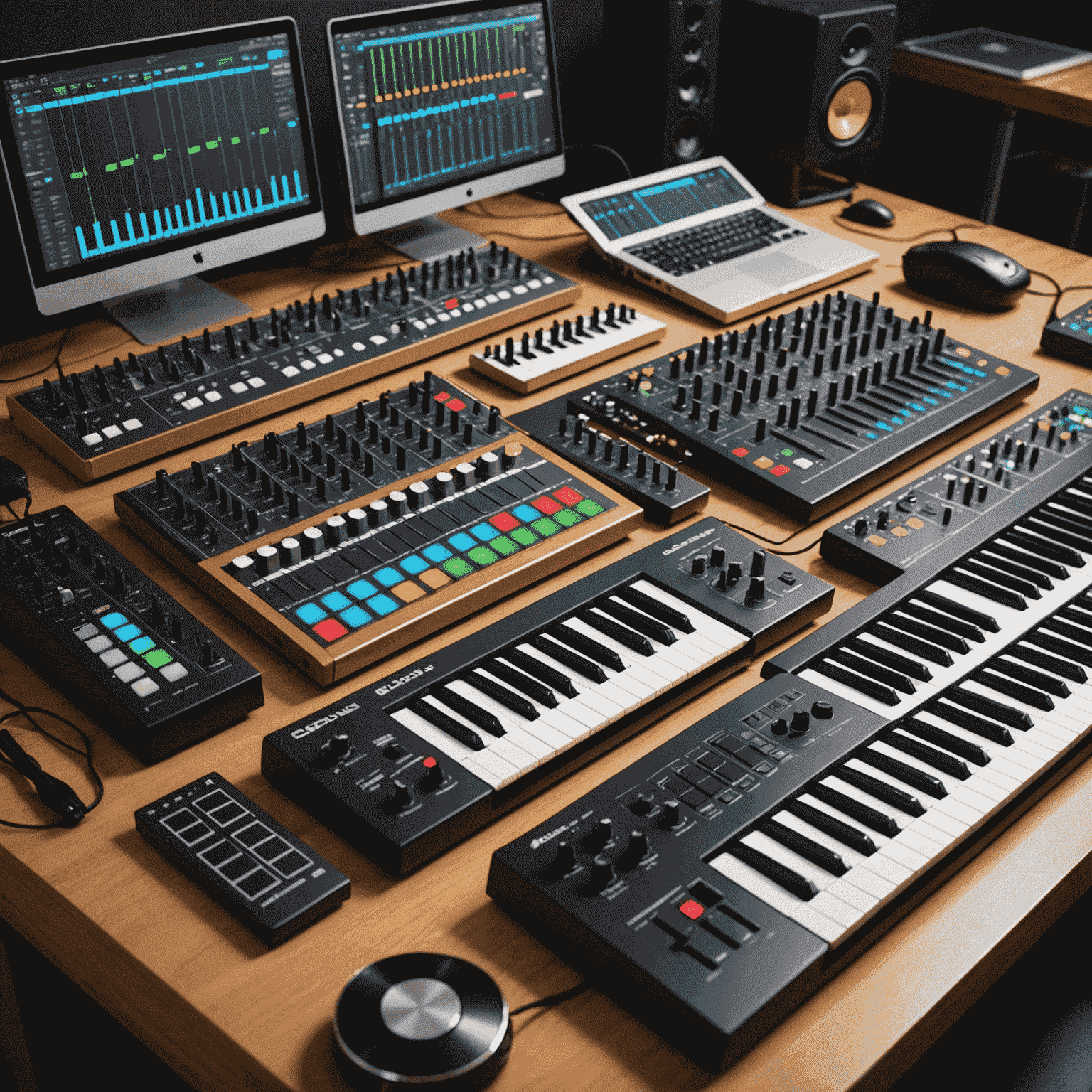 A professional music studio setup with various MIDI controllers connected to a computer running music production software. The image showcases different types of MIDI controllers including keyboard controllers, pad controllers, and fader banks.