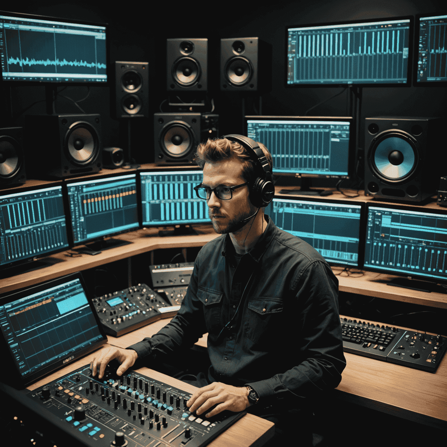 A professional music producer working on a complex Digital Audio Workstation setup, with multiple screens displaying various audio editing software interfaces, mixing consoles, and MIDI controllers.