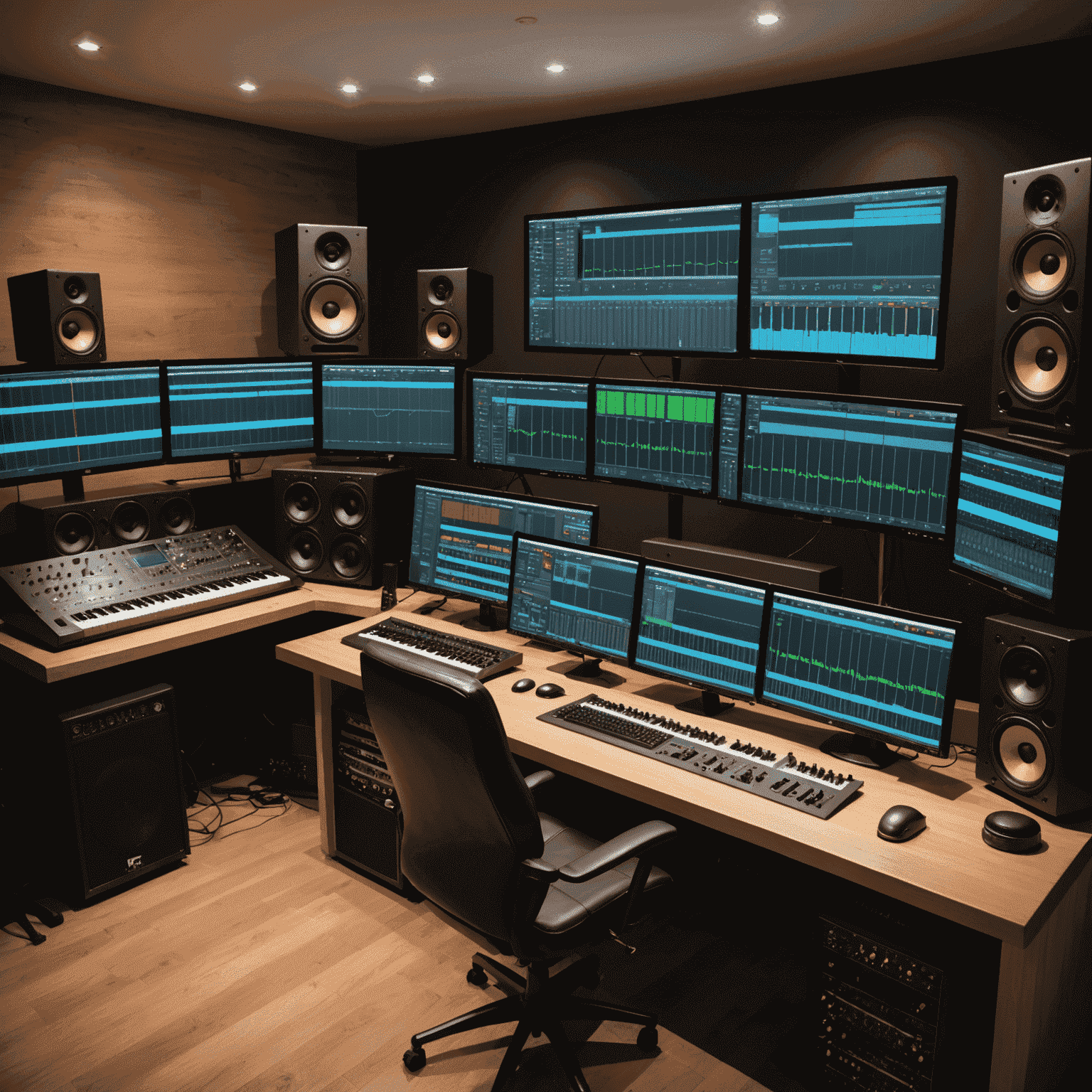 A modern music studio setup with custom software interfaces visible on multiple screens, showcasing advanced audio editing and mixing capabilities