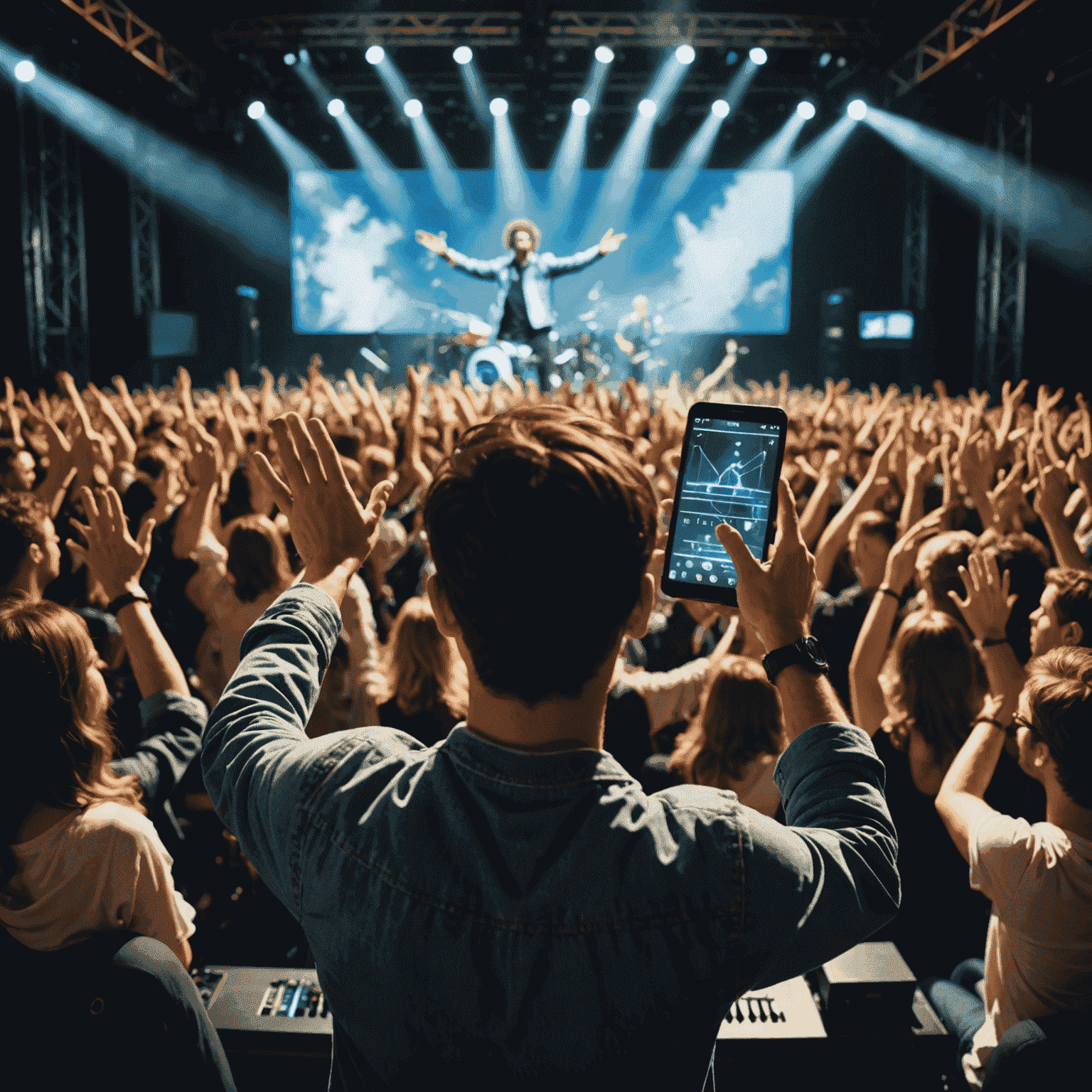 A musician using gesture-based technology to control music. Their hands are moving in the air, manipulating virtual controls projected in front of them. The background shows a concert stage with an engaged audience.