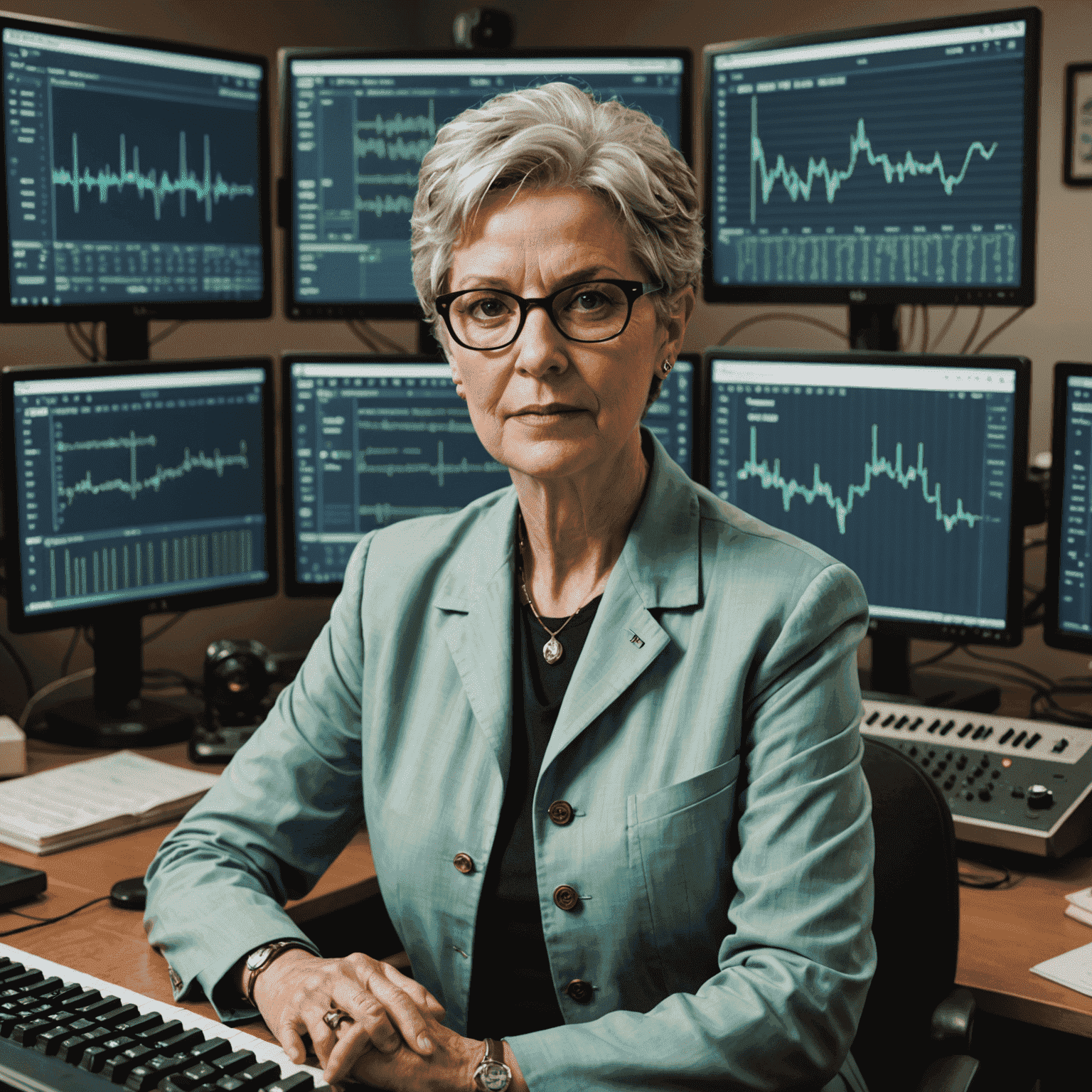 A portrait of Dr. Melody Maker, a middle-aged woman with short silver hair and glasses, sitting at a desk with multiple screens displaying musical notation and waveforms.