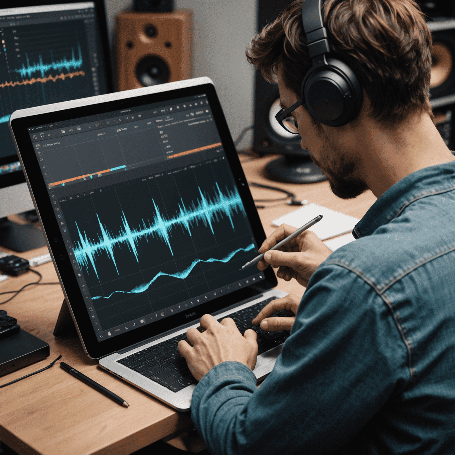 A split-screen image showing a person using Krita on a tablet to design sound waves, juxtaposed with traditional studio equipment