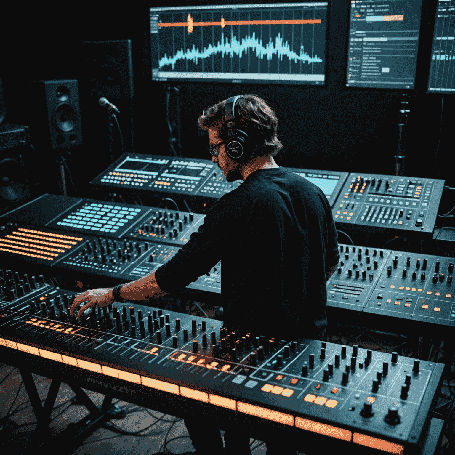 A musician performing live on stage using multiple MIDI controllers. The image shows the artist manipulating various knobs, faders, and pads on different controllers while a large screen in the background displays visual effects synchronized with the music.