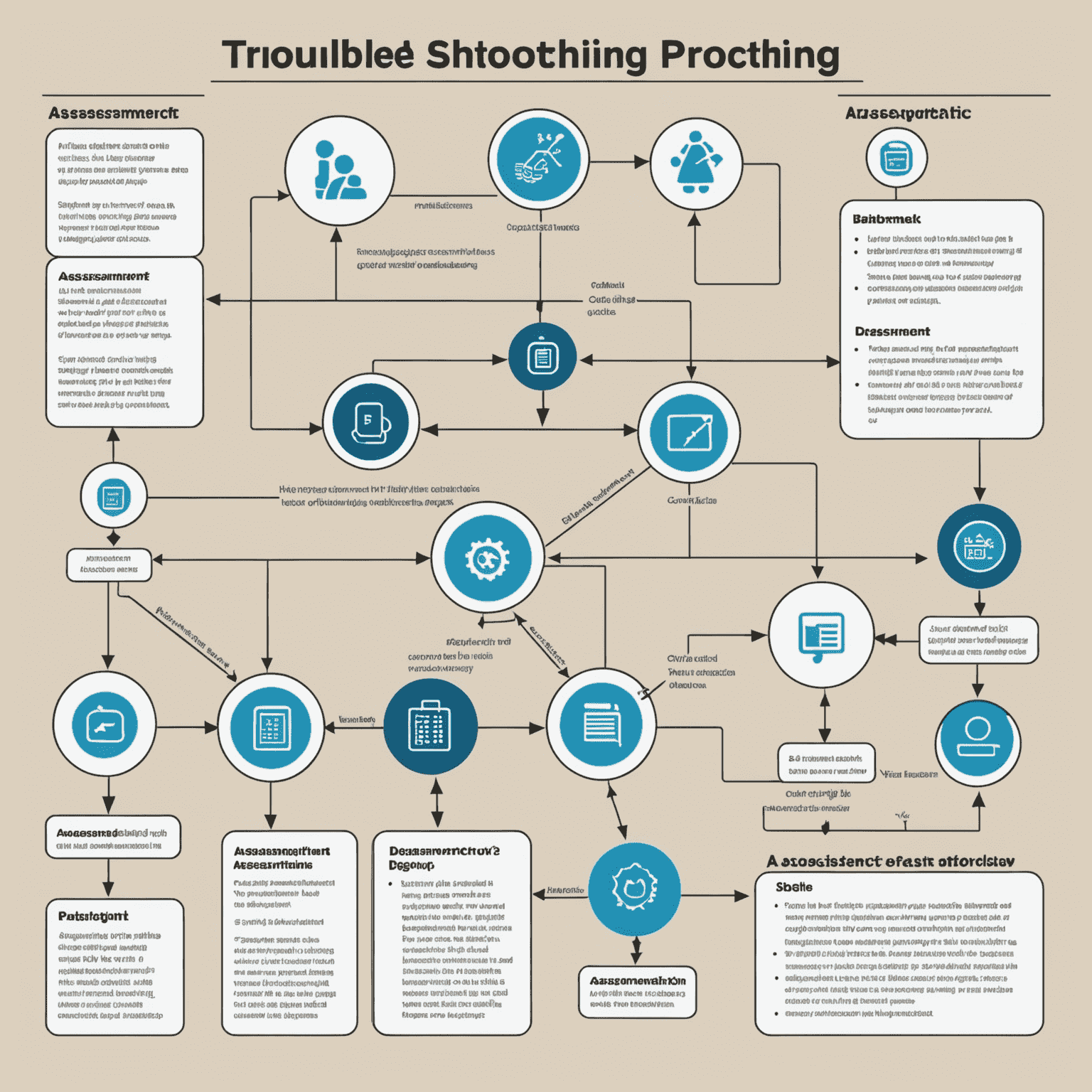 A visual representation of the troubleshooting process, showing a flowchart with icons for each step: assessment, diagnostics, solution, and verification.