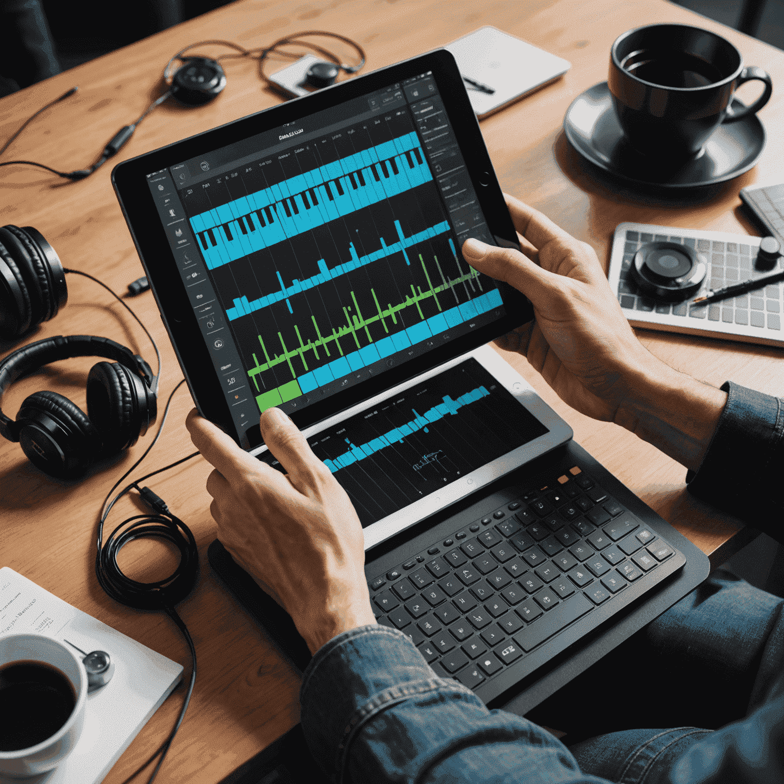 A person using a tablet with a professional music production app, connected to various portable music gadgets. The image illustrates the mobile music creation trend.