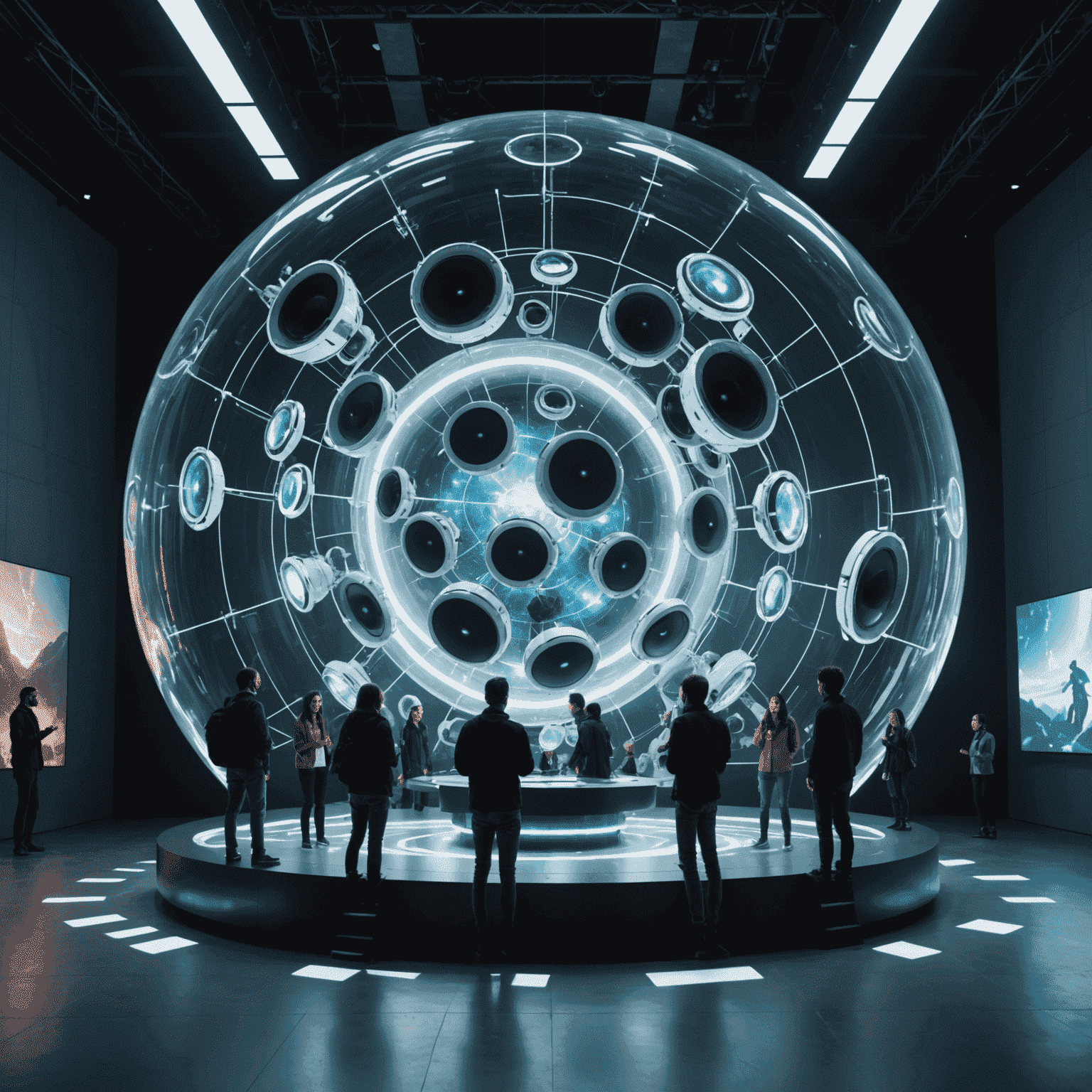 A futuristic audio installation with multiple speakers arranged in a dome-like structure. People are seen interacting with holographic audio controls floating in the air.