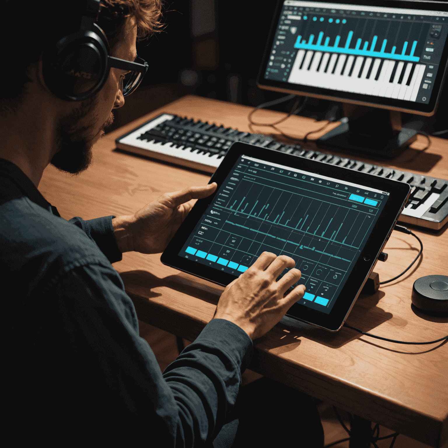 A musician performing live on stage using a tablet as a virtual synthesizer, connected to a small MIDI controller