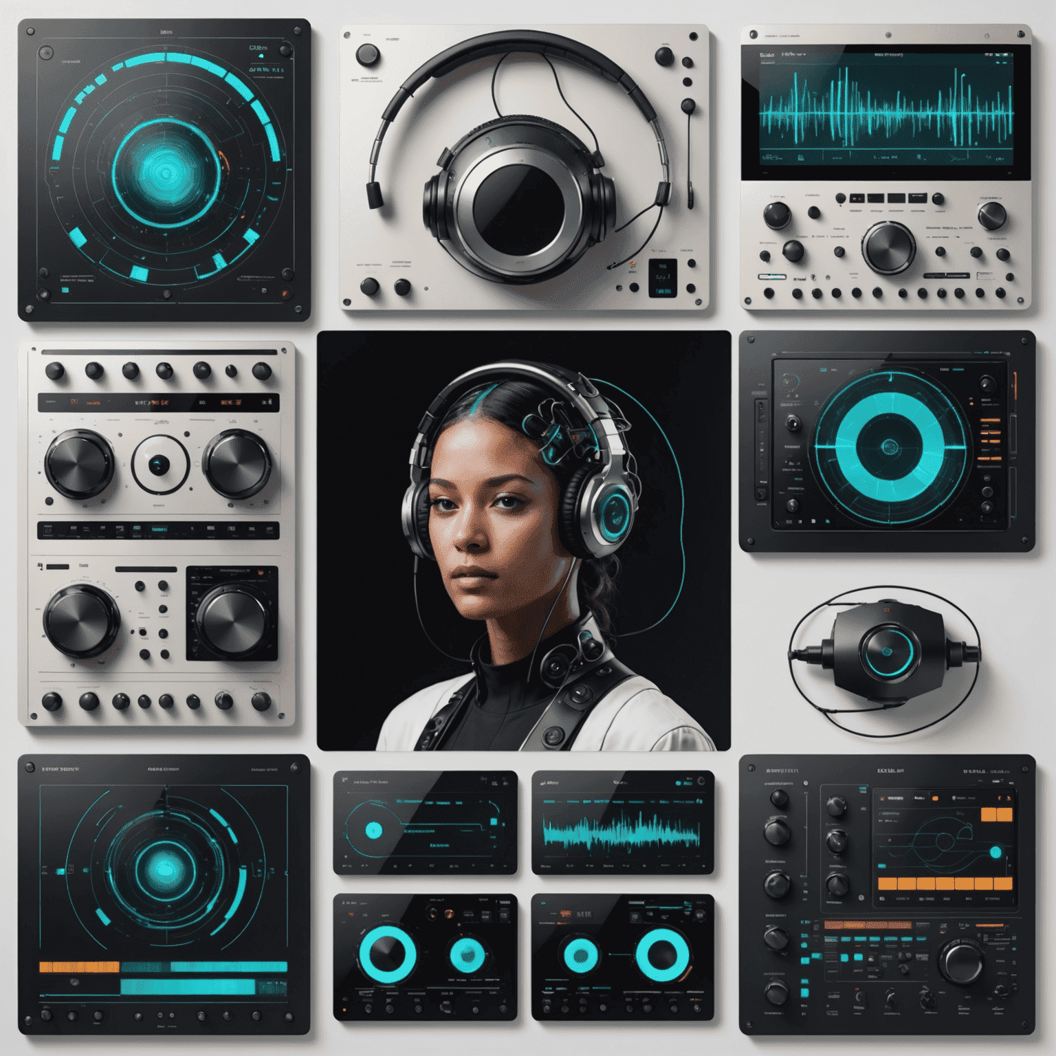 A collage of futuristic music interface concepts, including brain-computer interfaces, holographic instruments, and AI-powered music creation tools.